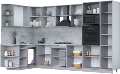 Кухонный гарнитур Интерлиния Мила Лайт 1.68x3.4 левая (белый платинум/бетон портленд/белый гранит)