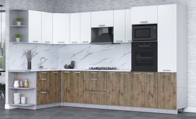 Кухонный гарнитур Интерлиния Мила Лайт 1.68x3.4 левая (белый платинум/дуб веллингтон/белый гранит)