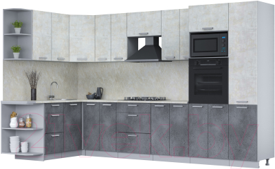 Кухонный гарнитур Интерлиния Мила Лайт 1.68x3.4 левая (бетон лайт/бетон портленд/опал светлый) - фото