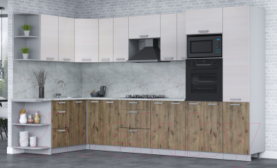 Кухонный гарнитур Интерлиния Мила Лайт 1.68x3.4 левая (вудлайн кремовый/дуб веллингтон/серый каспий)