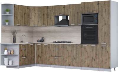 Кухонный гарнитур Интерлиния Мила Лайт 1.68x3.4 левая (дуб веллингтон/дуб веллингтон/травертин серый) - фото