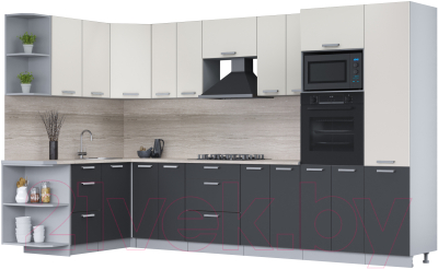 Кухонный гарнитур Интерлиния Мила Лайт 1.68x3.4 левая (персидский жемчуг/антрацит/травертин серый) - фото