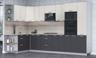 Кухонный гарнитур Интерлиния Мила Лайт 1.68x3.4 левая (персидский жемчуг/антрацит/травертин серый)