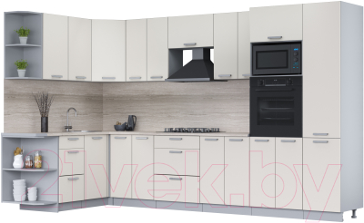 Кухонный гарнитур Интерлиния Мила Лайт 1.68x3.4 левая (персидский жемчуг/персид. жемчуг/травертин серый) - фото