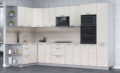 Кухонный гарнитур Интерлиния Мила Лайт 1.68x3.4 левая (персидский жемчуг/персид. жемчуг/травертин серый)