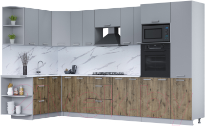 Кухонный гарнитур Интерлиния Мила Лайт 1.68x3.4 левая (серебро/дуб веллингтон/белый гранит) - фото