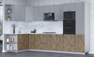 Кухонный гарнитур Интерлиния Мила Лайт 1.68x3.4 левая (серебро/дуб веллингтон/белый гранит)