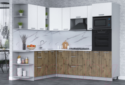 Кухонный гарнитур Интерлиния Мила Лайт 1.88x2.4 левая (белый платинум/дуб веллингтон/белый гранит)