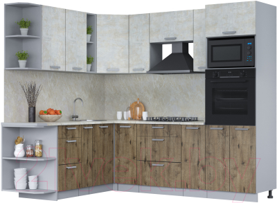 Кухонный гарнитур Интерлиния Мила Лайт 1.88x2.4 левая (бетон лайт/дуб веллингтон/опал светлый) - фото