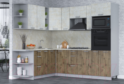 Кухонный гарнитур Интерлиния Мила Лайт 1.88x2.4 левая (бетон лайт/дуб веллингтон/опал светлый)