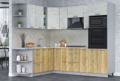 Кухонный гарнитур Интерлиния Мила Лайт 1.88x2.4 левая (бетон лайт/дуб золотой/опал светлый)