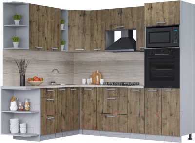 Кухонный гарнитур Интерлиния Мила Лайт 1.88x2.4 левая (дуб веллингтон/дуб веллингтон/травертин серый) - фото