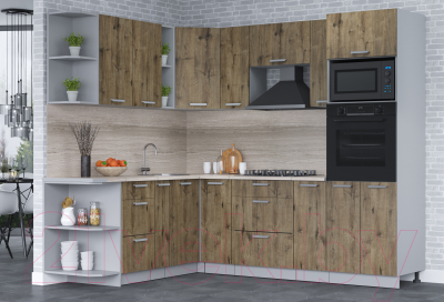 Кухонный гарнитур Интерлиния Мила Лайт 1.88x2.4 левая (дуб веллингтон/дуб веллингтон/травертин серый)