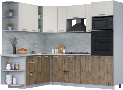 Кухонный гарнитур Интерлиния Мила Лайт 1.88x2.4 левая (персидский жемчуг/дуб веллингтон/серый каспий) - фото