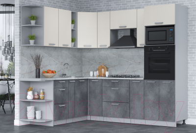 Кухонный гарнитур Интерлиния Мила Лайт 1.88x2.4 левая (персидский жемчуг/бетон портленд/серый каспий)