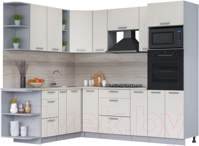 Кухонный гарнитур Интерлиния Мила Лайт 1.88x2.4 левая (персидский жемчуг/персид. жемчуг/травертин серый) - фото