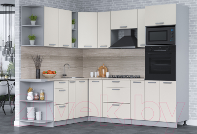 Кухонный гарнитур Интерлиния Мила Лайт 1.88x2.4 левая (персидский жемчуг/персид. жемчуг/травертин серый)