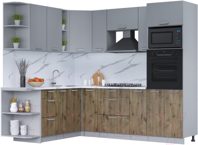 Кухонный гарнитур Интерлиния Мила Лайт 1.88x2.4 левая (серебро/дуб веллингтон/белый гранит) - фото