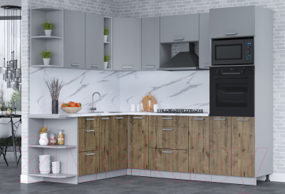 Кухонный гарнитур Интерлиния Мила Лайт 1.88x2.4 левая (серебро/дуб веллингтон/белый гранит)