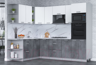 Кухонный гарнитур Интерлиния Мила Лайт 1.88x2.6 левая (белый платинум/бетон портленд/белый гранит)