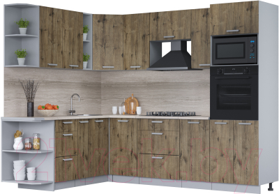 Кухонный гарнитур Интерлиния Мила Лайт 1.88x2.6 левая (дуб веллингтон/дуб веллингтон/травертин серый) - фото