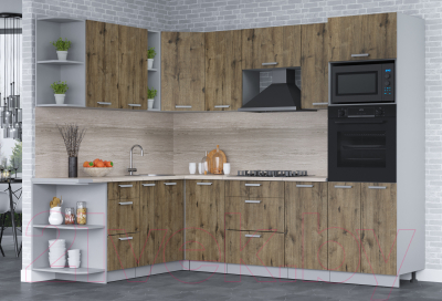 Кухонный гарнитур Интерлиния Мила Лайт 1.88x2.6 левая (дуб веллингтон/дуб веллингтон/травертин серый)