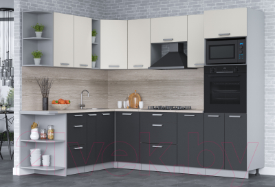 Кухонный гарнитур Интерлиния Мила Лайт 1.88x2.6 левая (персидский жемчуг/антрацит/травертин серый)