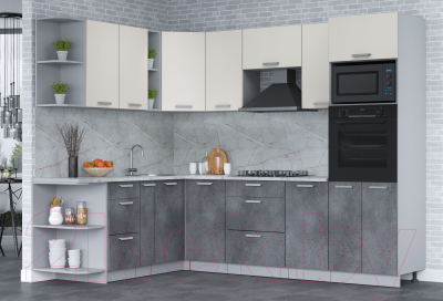 Кухонный гарнитур Интерлиния Мила Лайт 1.88x2.6 левая (персидский жемчуг/бетон портленд/серый каспий)