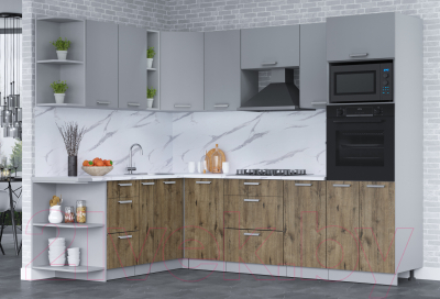 Кухонный гарнитур Интерлиния Мила Лайт 1.88x2.6 левая (серебро/дуб веллингтон/белый гранит)