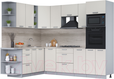 Кухонный гарнитур Интерлиния Мила Лайт 1.88x2.8 левая (персидский жемчуг/персид. жемчуг/травертин серый) - фото