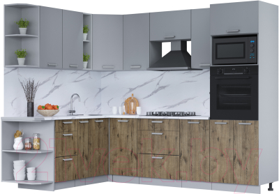 Кухонный гарнитур Интерлиния Мила Лайт 1.88x2.8 левая (серебро/дуб веллингтон/белый гранит) - фото