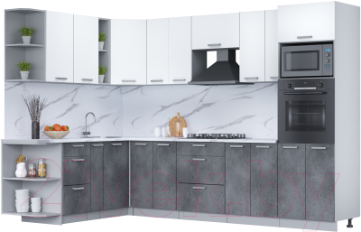 Кухонный гарнитур Интерлиния Мила Лайт 1.88x3.0 левая (белый платинум/бетон портленд/белый гранит) - фото