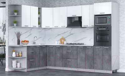 Кухонный гарнитур Интерлиния Мила Лайт 1.88x3.0 левая (белый платинум/бетон портленд/белый гранит)