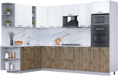 Кухонный гарнитур Интерлиния Мила Лайт 1.88x3.0 левая (белый платинум/дуб веллингтон/белый гранит) - фото