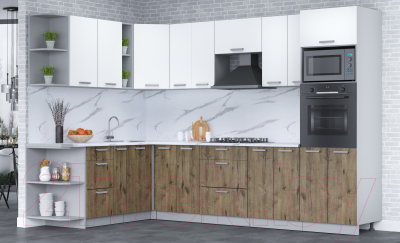 Кухонный гарнитур Интерлиния Мила Лайт 1.88x3.0 левая (белый платинум/дуб веллингтон/белый гранит)