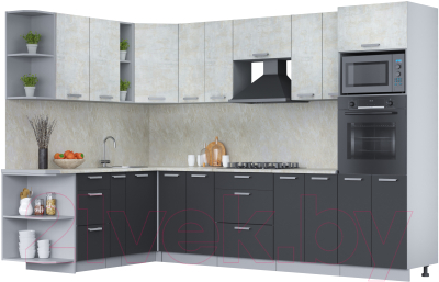 Кухонный гарнитур Интерлиния Мила Лайт 1.88x3.0 левая (бетон лайт/антрацит/опал светлый) - фото