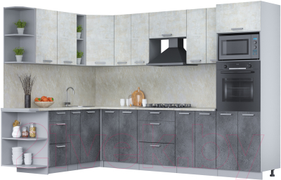 Кухонный гарнитур Интерлиния Мила Лайт 1.88x3.0 левая (бетон лайт/бетон портленд/опал светлый) - фото