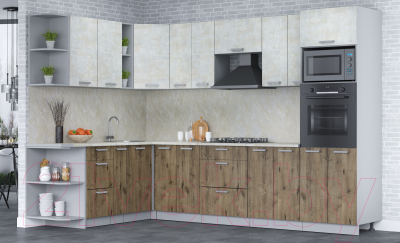 Кухонный гарнитур Интерлиния Мила Лайт 1.88x3.0 левая (бетон лайт/дуб веллингтон/опал светлый)