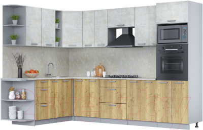 Кухонный гарнитур Интерлиния Мила Лайт 1.88x3.0 левая (бетон лайт/дуб золотой/опал светлый) - фото