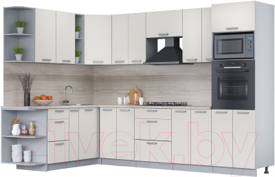 Кухонный гарнитур Интерлиния Мила Лайт 1.88x3.0 левая (персидский жемчуг/персид. жемчуг/травертин серый) - фото