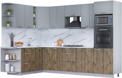 Кухонный гарнитур Интерлиния Мила Лайт 1.88x3.0 левая (серебро/дуб веллингтон/белый гранит) - фото