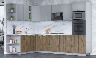 Кухонный гарнитур Интерлиния Мила Лайт 1.88x3.0 левая (серебро/дуб веллингтон/белый гранит)