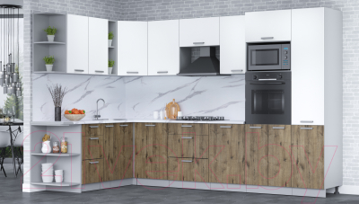 Кухонный гарнитур Интерлиния Мила Лайт 1.88x3.2 левая (белый платинум/дуб веллингтон/белый гранит)