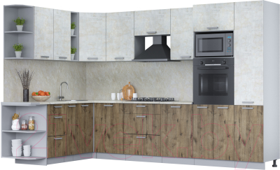 Кухонный гарнитур Интерлиния Мила Лайт 1.88x3.2 левая (бетон лайт/дуб веллингтон/опал светлый) - фото