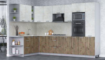 Кухонный гарнитур Интерлиния Мила Лайт 1.88x3.2 левая (бетон лайт/дуб веллингтон/опал светлый)