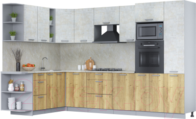 Кухонный гарнитур Интерлиния Мила Лайт 1.88x3.2 левая (бетон лайт/дуб золотой/опал светлый) - фото
