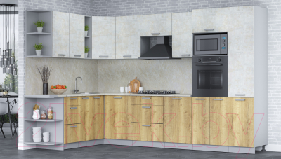 Кухонный гарнитур Интерлиния Мила Лайт 1.88x3.2 левая (бетон лайт/дуб золотой/опал светлый)