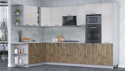 Кухонный гарнитур Интерлиния Мила Лайт 1.88x3.2 левая (вудлайн кремовый/дуб веллингтон/серый каспий)