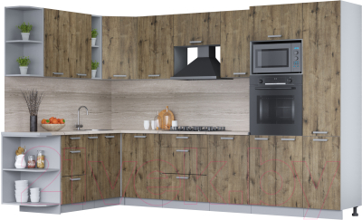 Кухонный гарнитур Интерлиния Мила Лайт 1.88x3.2 левая (дуб веллингтон/дуб веллингтон/травертин серый) - фото