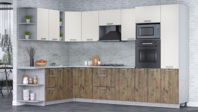 Кухонный гарнитур Интерлиния Мила Лайт 1.88x3.2 левая (персидский жемчуг/дуб веллингтон/серый каспий)